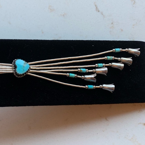 CAROLYN POLLACK 16-20" TURQUOISE SQUASH BLOSSOM LIQUID SILVER HEISHI NECKLACE - Picture 5 of 9